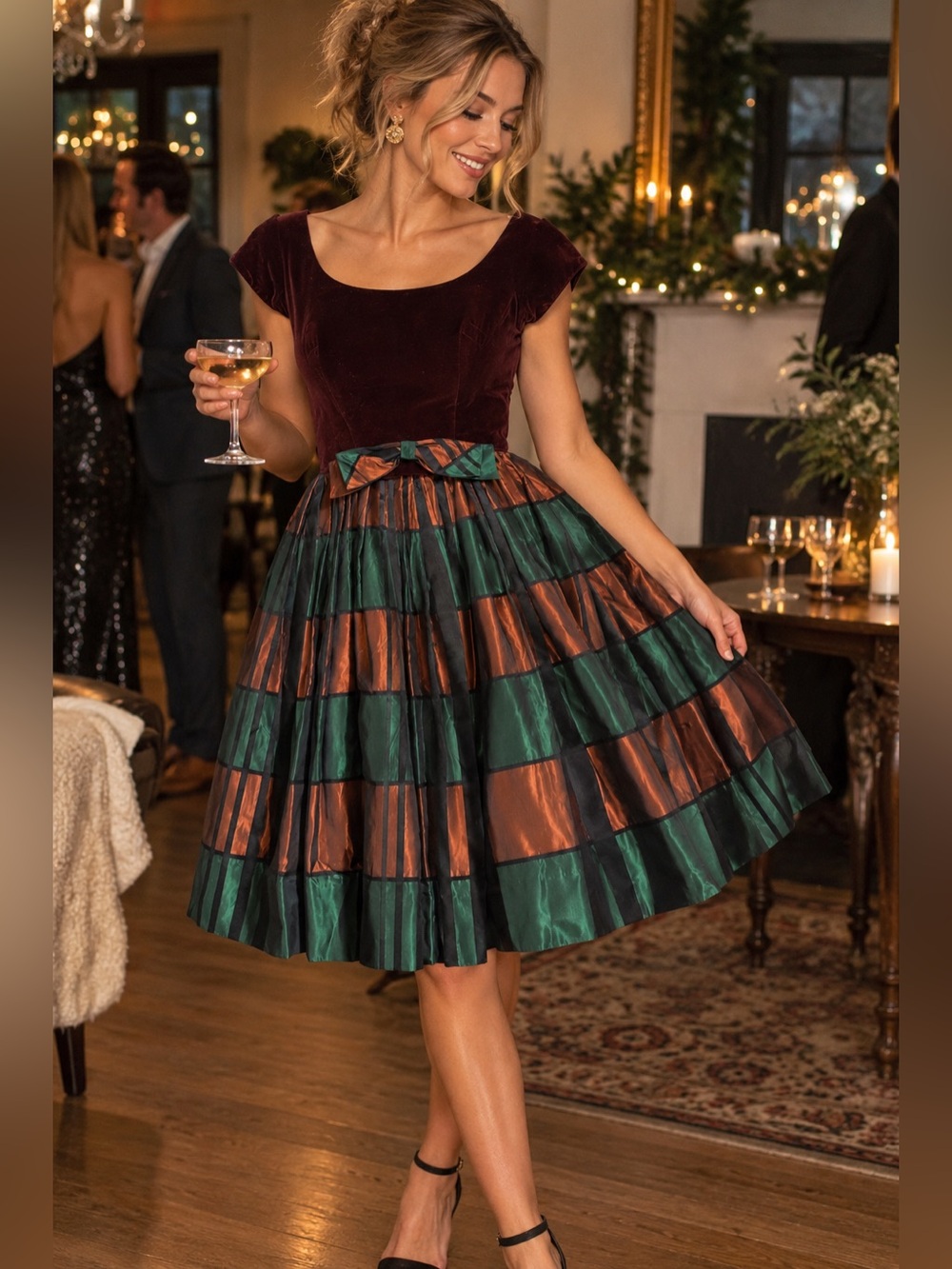VTG 40’s 50’s Velvet & Metallic Taffeta Party Dress Copper Green Plaid Bow Sz Sm